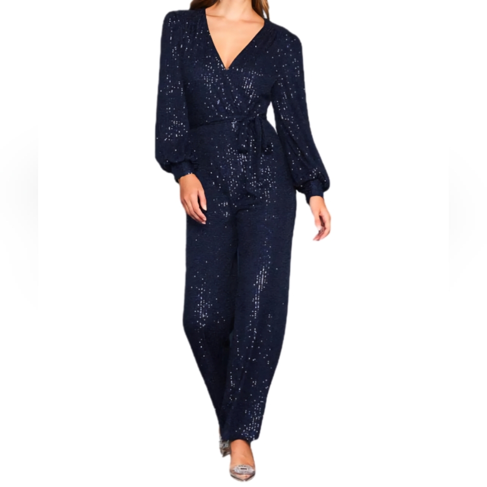 Skies Are Blue Navy Sequin Wrap Jumpsuit